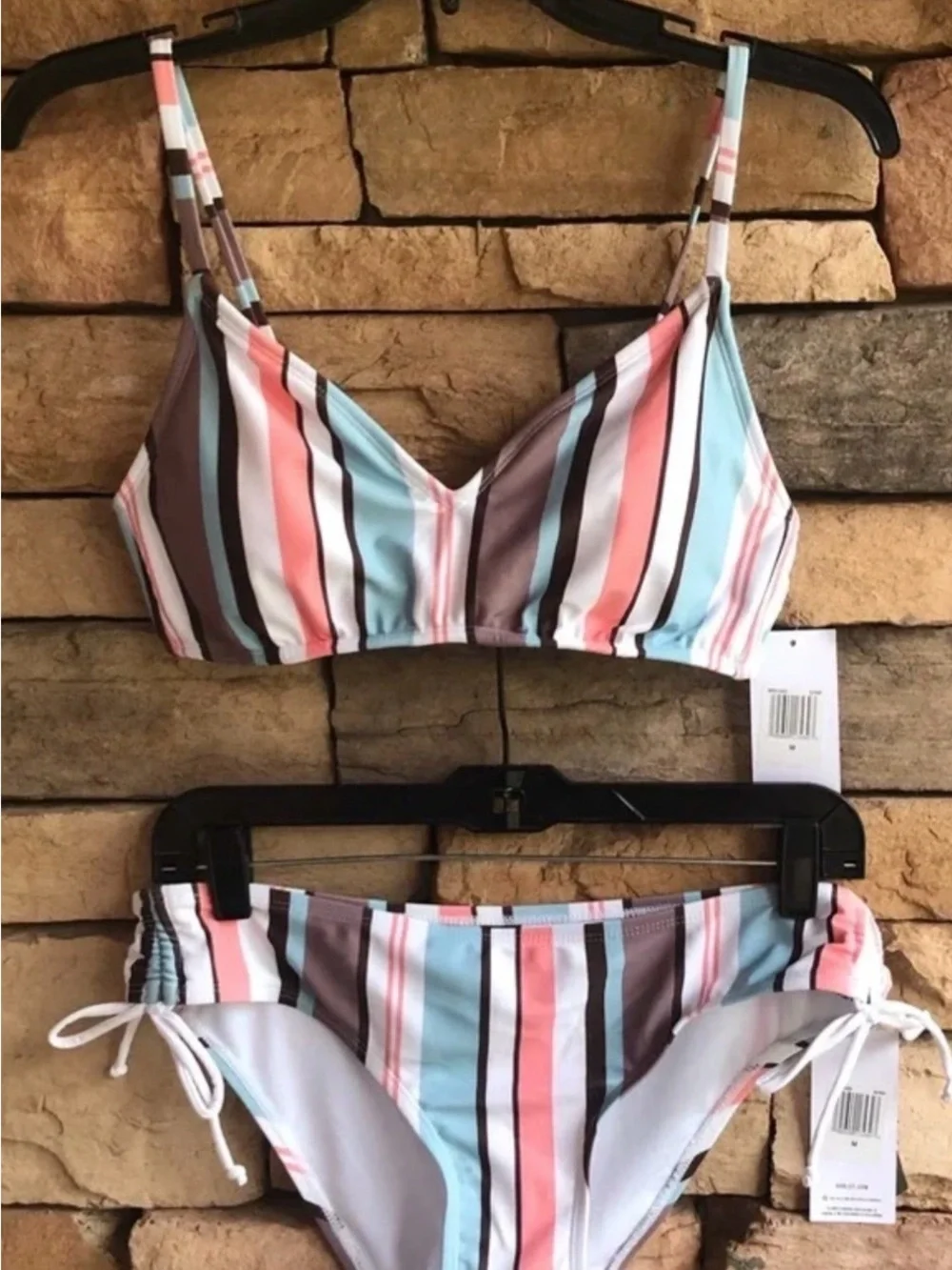 Hurley Striped Bikini Top & Bottom in Coral, Sky Blue & Taupe